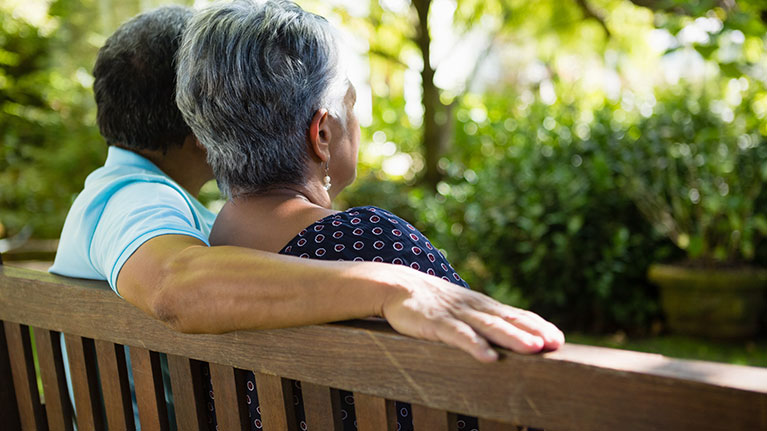 Couple enjoying the Masonicare outdoor vicinity.