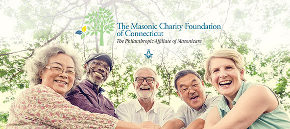 Senior men and women smiling in a semi circle with hands clasped in the center. With a title that reads The Masonic Charity Foundation of Connecticut.